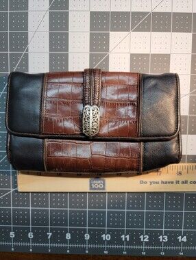 Brighton Leather Clutch Wallet in Brown and Black Silver-Tone Accent